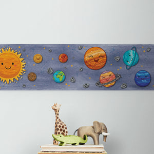 GB90280 Smiling Solar System Peel and Stick Wallpaper Border 10in or 8in Height x 15ft Long, Blue Orange Yellow
