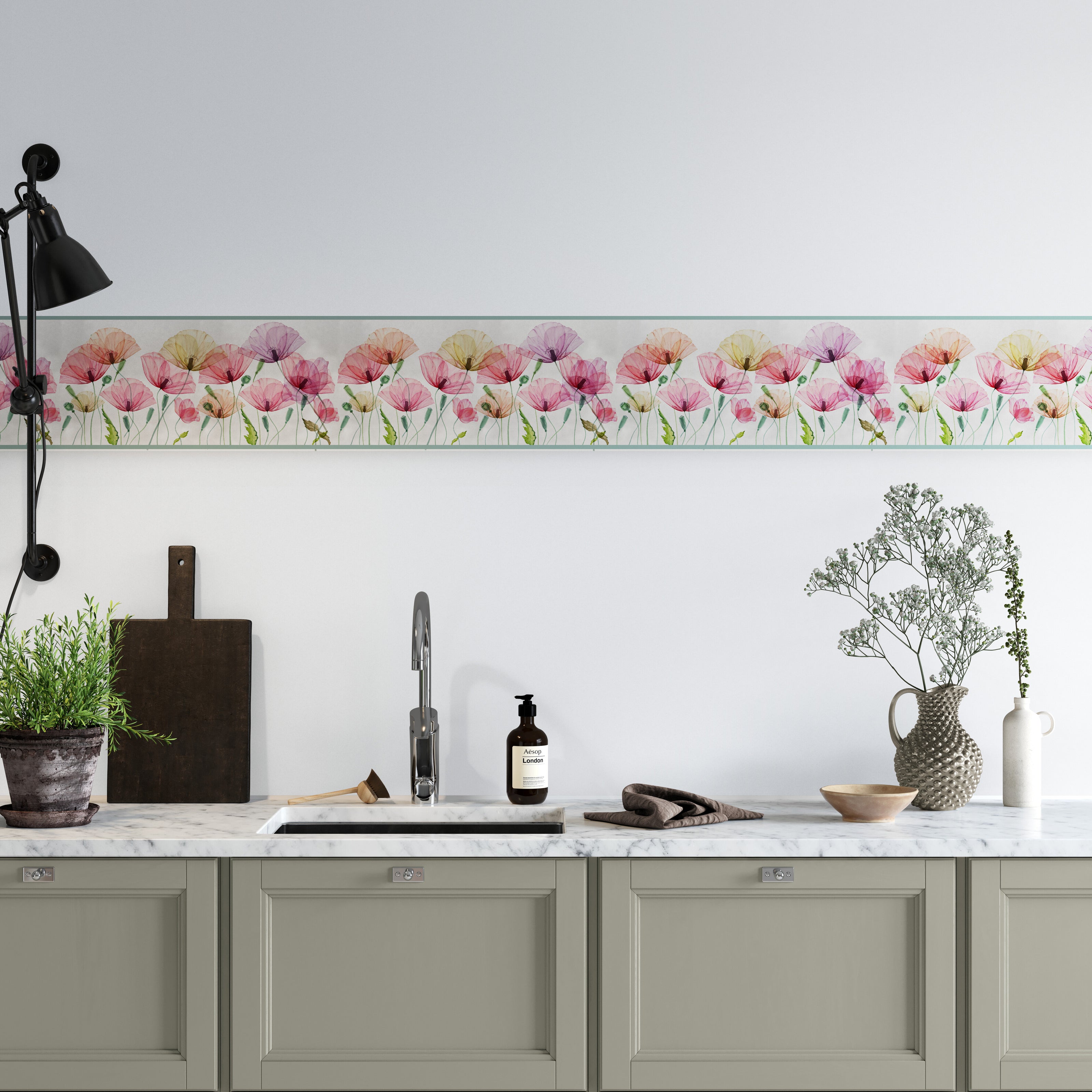 GB5080g8 Oshibana Botanicals Peel and Stick Wallpaper Border 8in or 10in Height x 15ft Long Red Multicolored