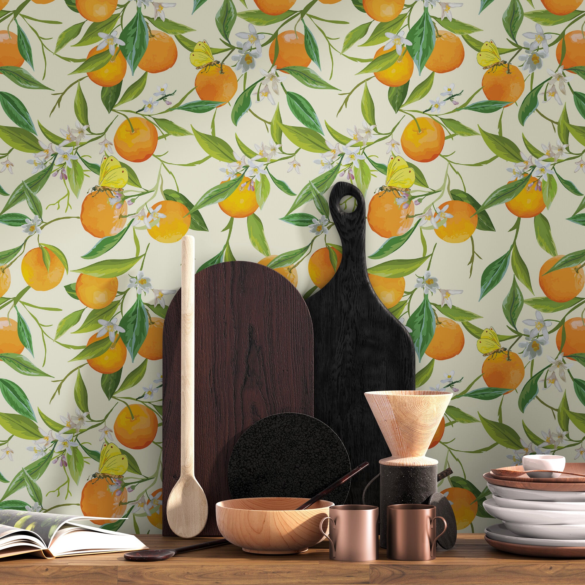 GW5071 Orange Blossoms Peel and Stick Wallpaper Roll 19 inch Wide x 18 ft. Long, Orange Green Yellow