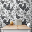 GW4014 French Farmhouse Chickens & Sunflowers Peel and Stick Wallpaper Roll 19 inch Wide x 18 ft. Long Black White