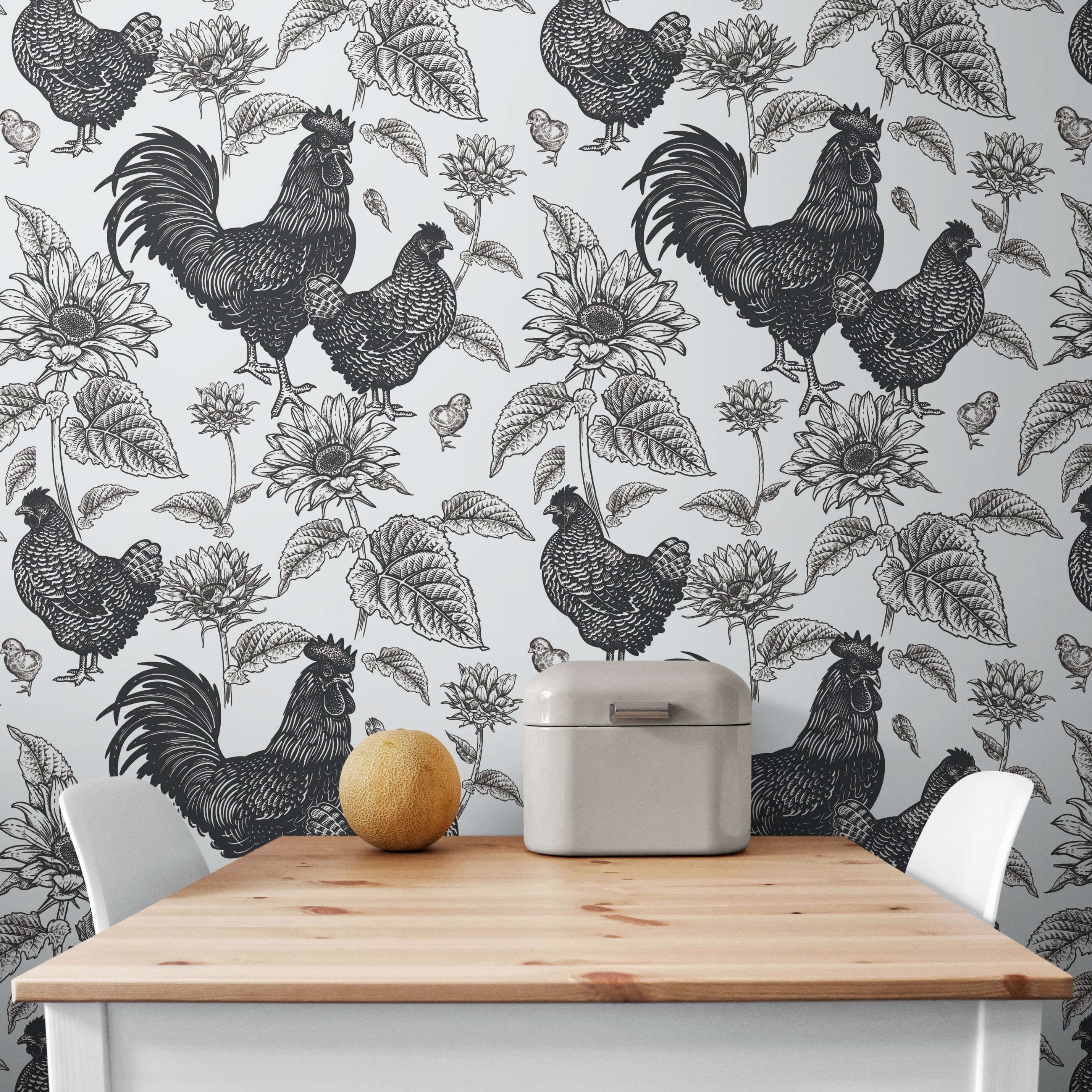 GW4014 French Farmhouse Chickens & Sunflowers Peel and Stick Wallpaper Roll 19 inch Wide x 18 ft. Long Black White