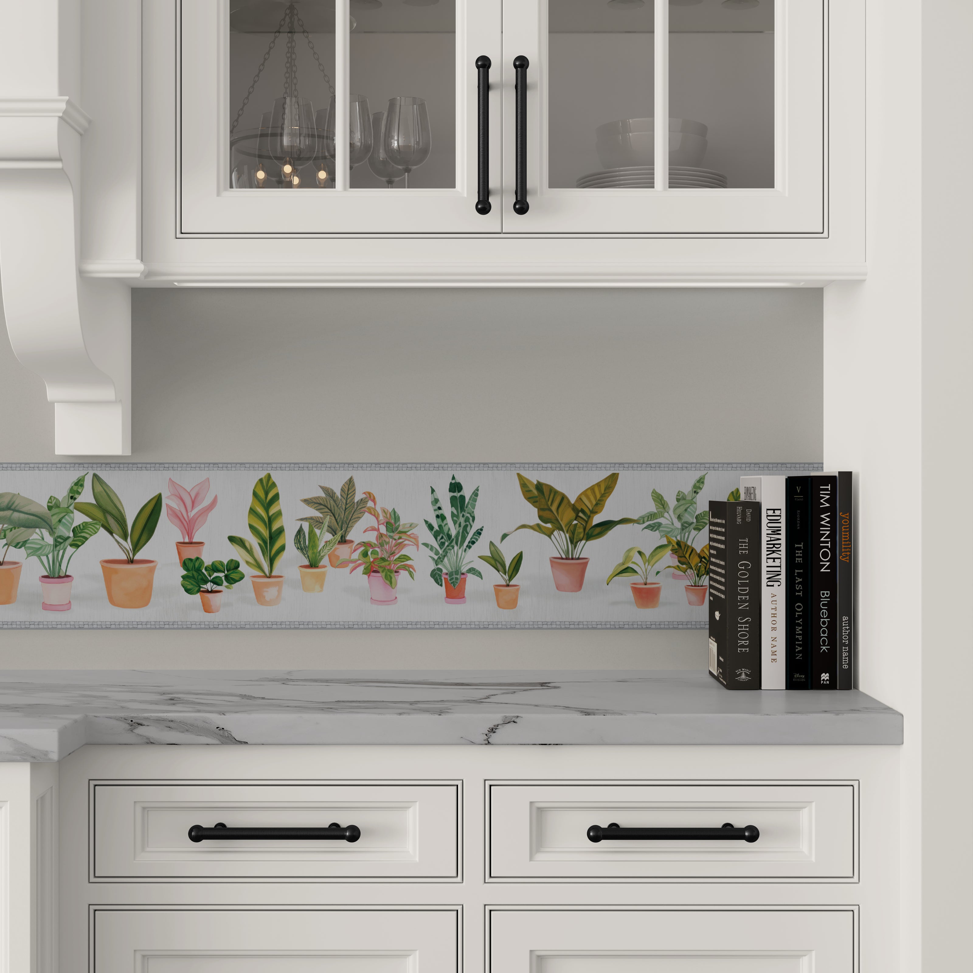 GB5040 Potted Plants Peel and Stick Wallpaper Border 10in or 8in Height x 15ft Long Light Dark Gray