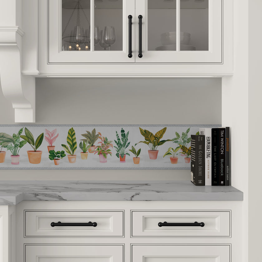 GB5040 Potted Plants Peel and Stick Wallpaper Border 10in or 8in Height x 15ft Long Light Dark Gray