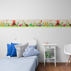 GB90160 Colorful Dinosaurs Peel and Stick Wallpaper Border 10in or 8in Height x 15ft Long, Green Beige Orange Red