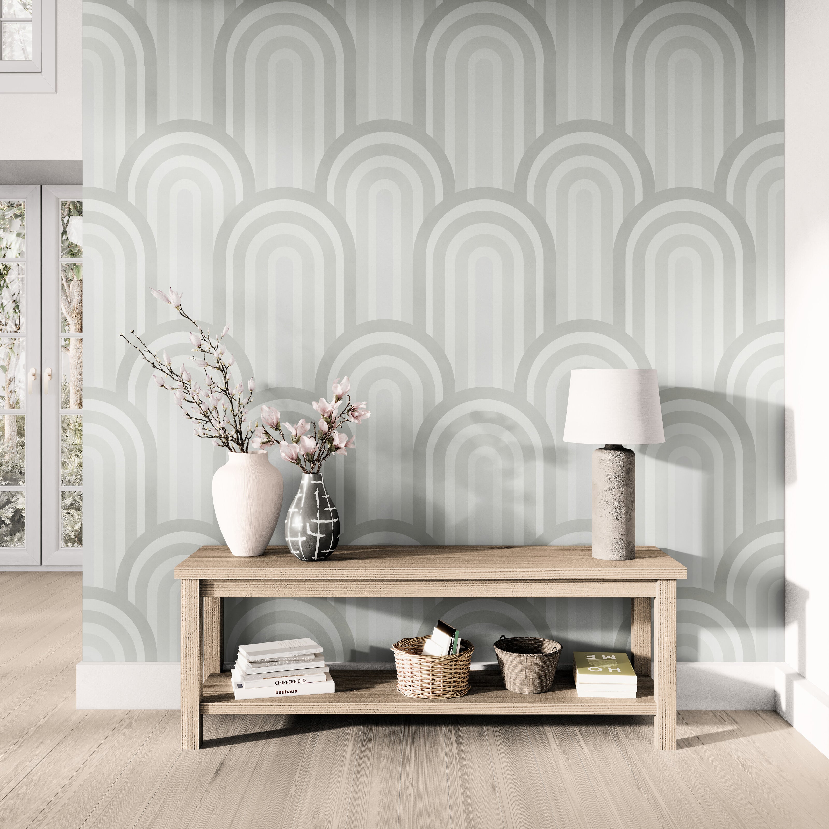 GP1034 Narrow Retro Arches Wallpaper Panels 26in Wide in Pink