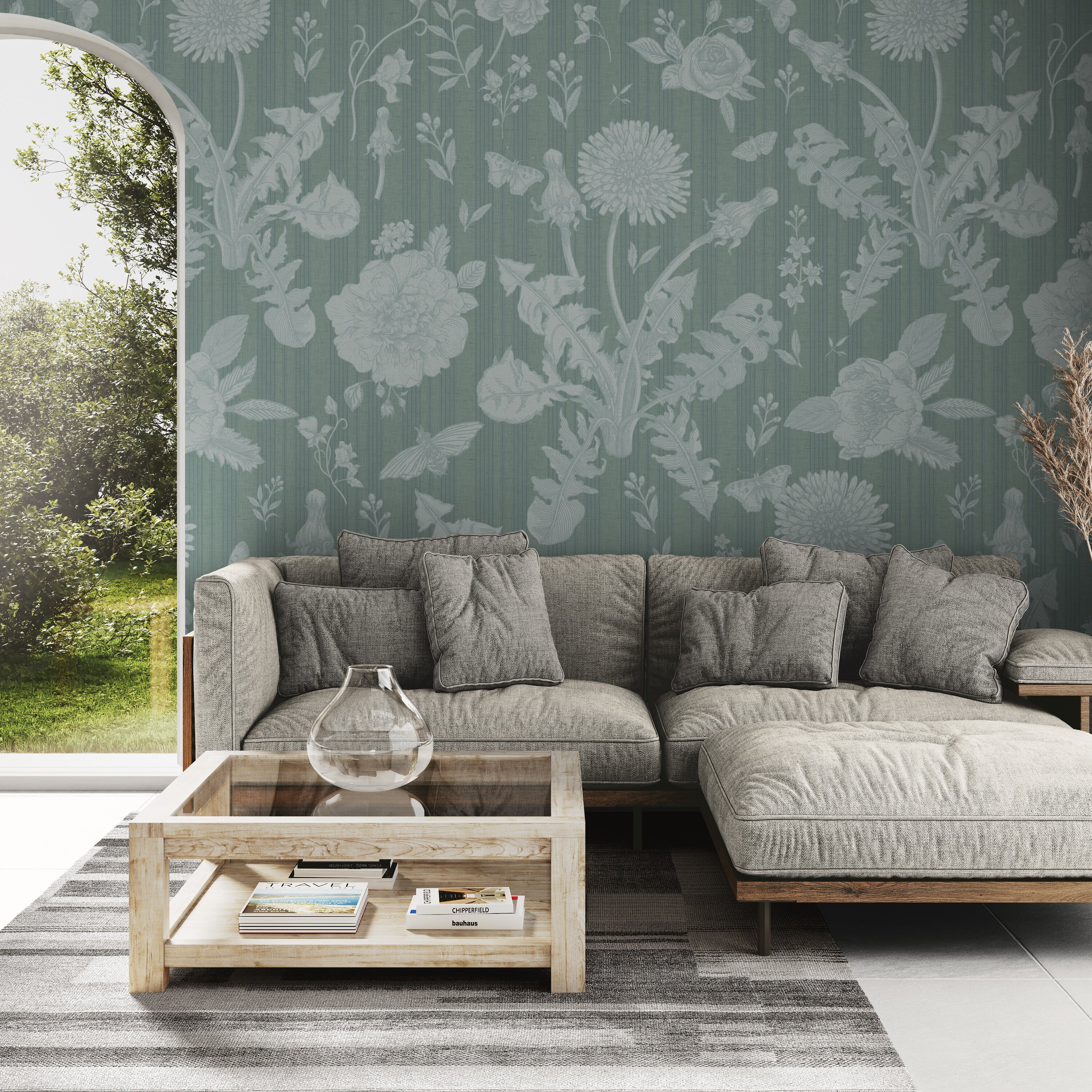 GE5074 Vintage Stripe Botanical Endless Murals Soft Teal Blue Gray