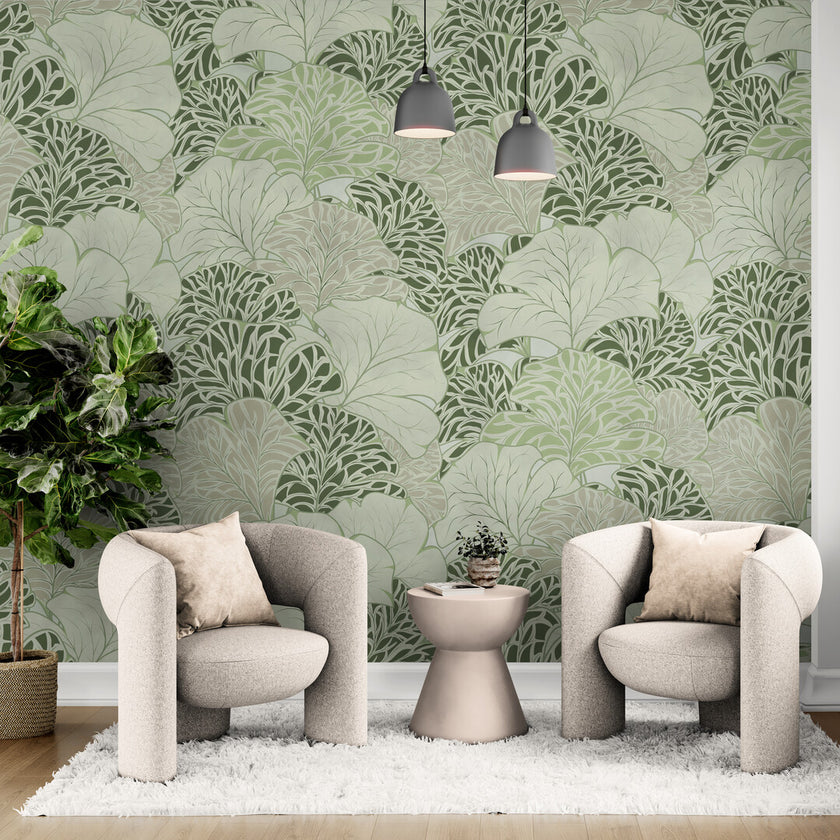 GE5090 Flabellate Foliage Endless Murals in Green Gray