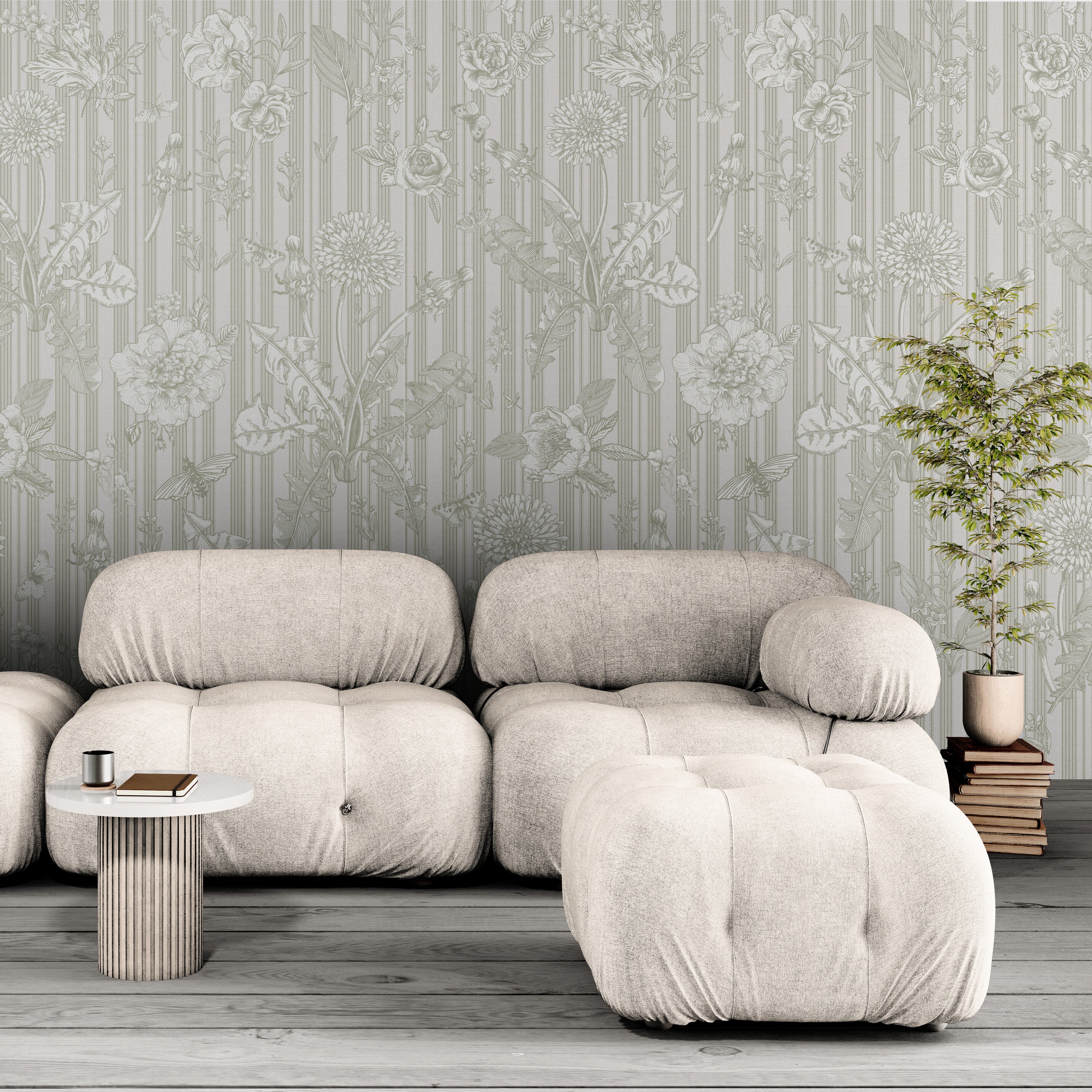 GE5071 Vintage Stripe Botanical Endless Murals Gray Off White