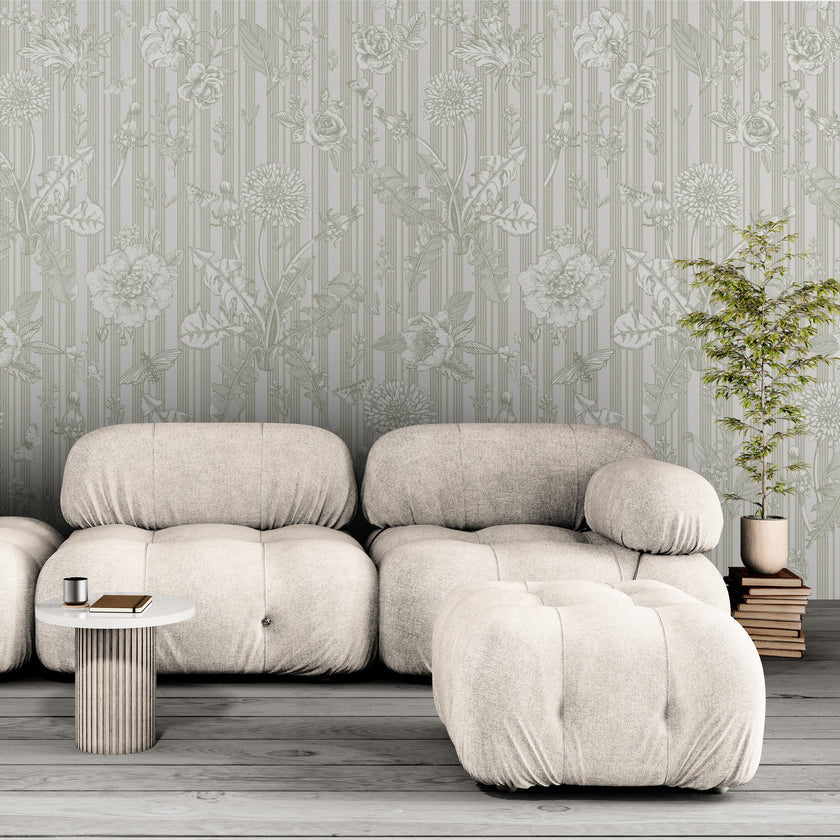 GE5071 Vintage Stripe Botanical Endless Murals Gray Off White