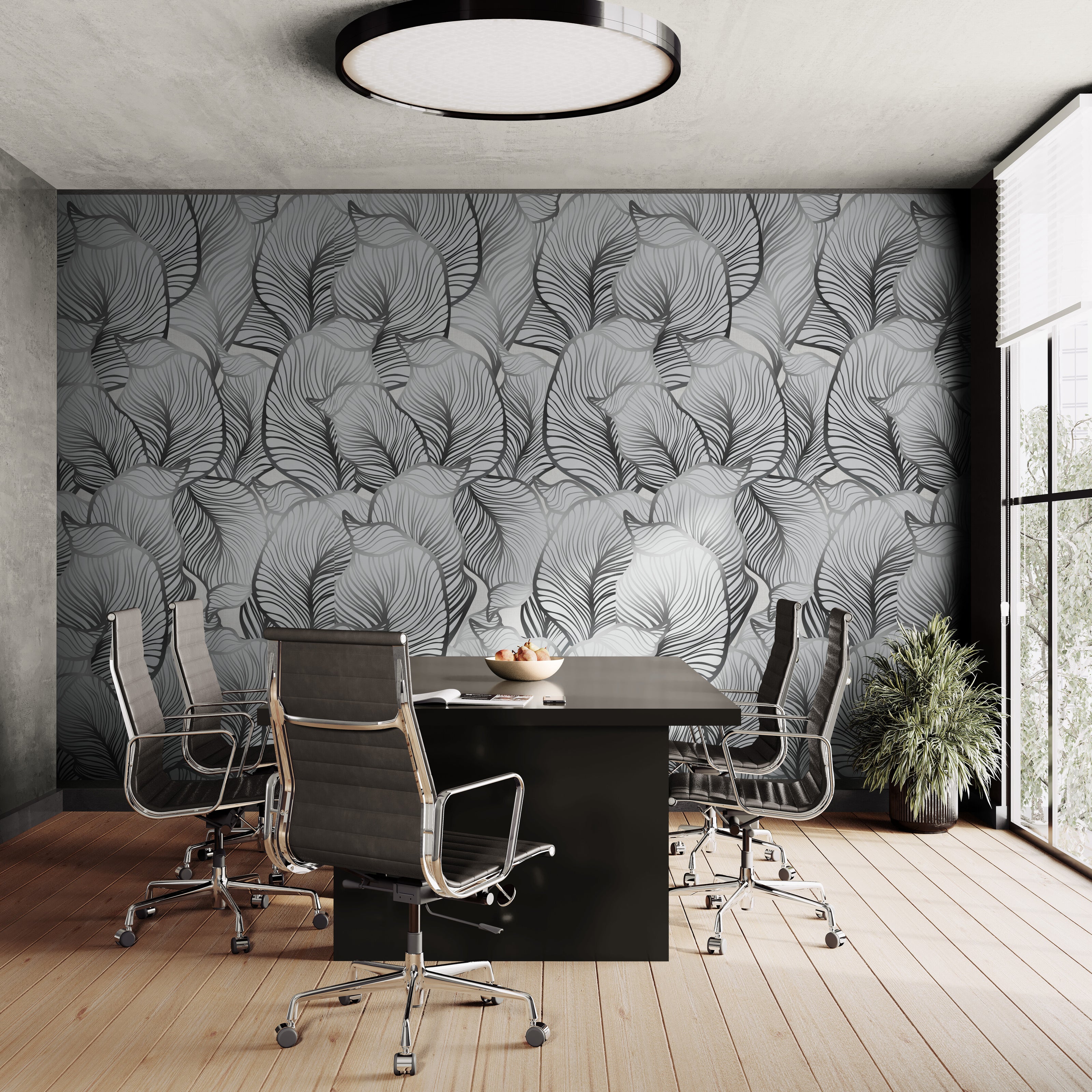GE5112 Large Tropical herbage Endless Murals in Gray Black