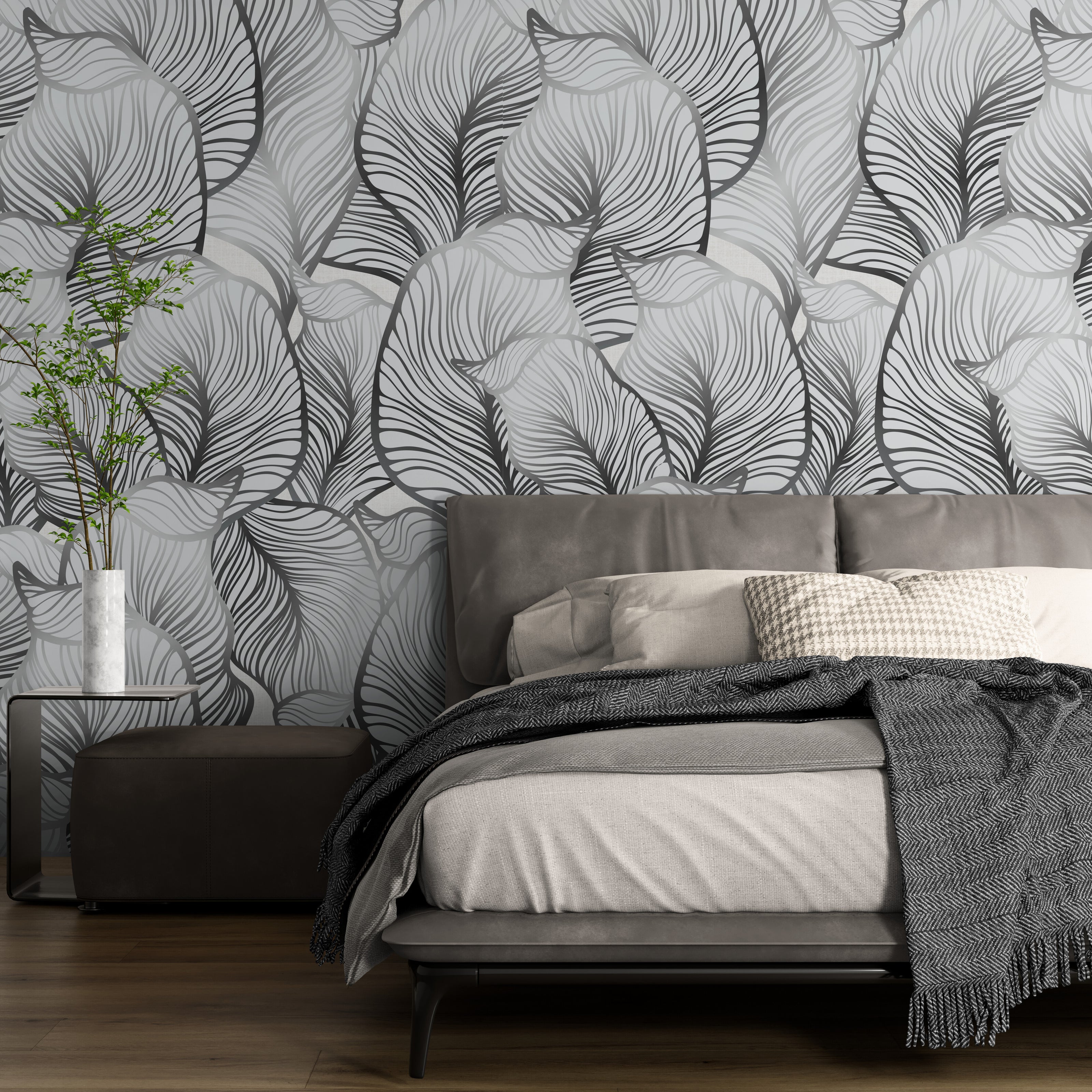 GE5112 Large Tropical herbage Endless Murals in Gray Black