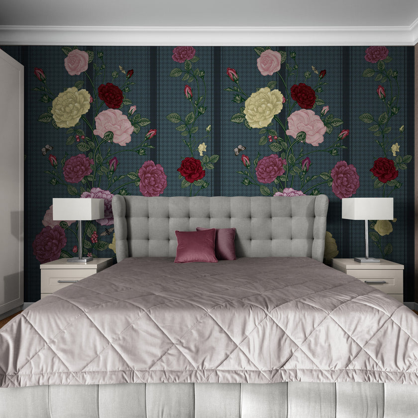 GE5080 Rose Bush Stripe Endless Murals in Dark Red Pink Yellow Navy