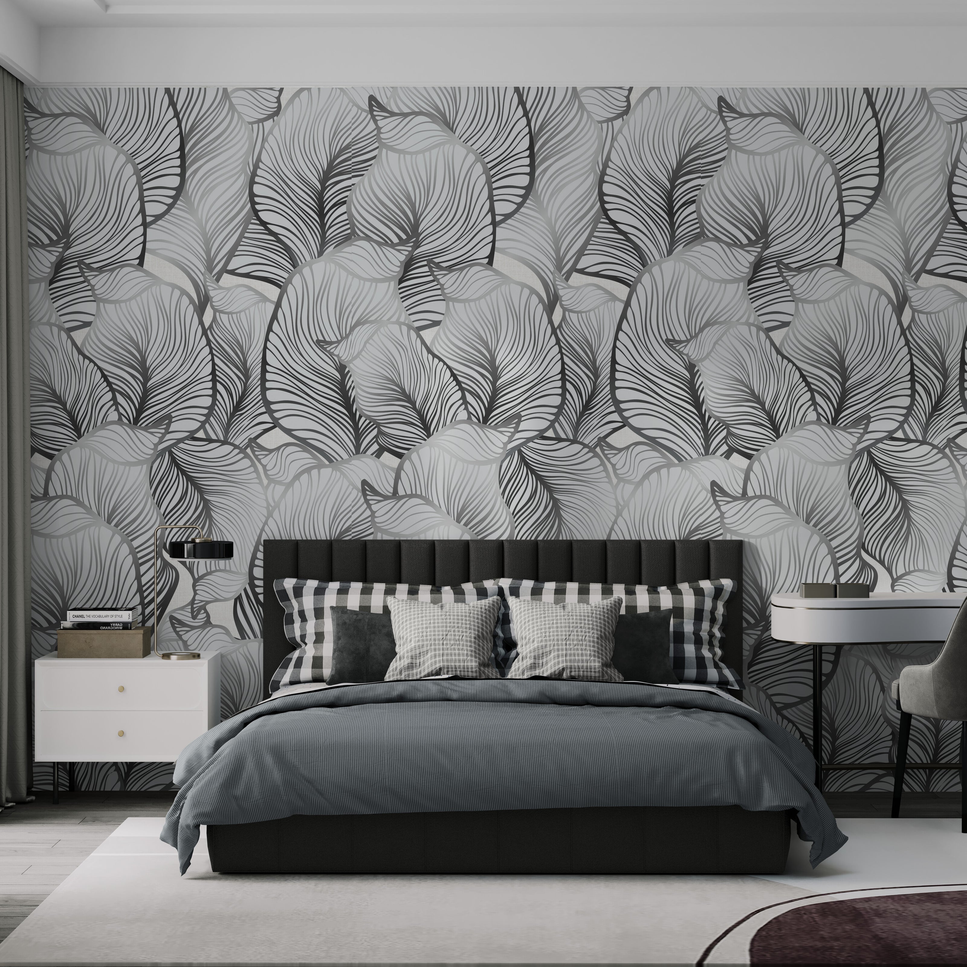 GE5112 Large Tropical herbage Endless Murals in Gray Black