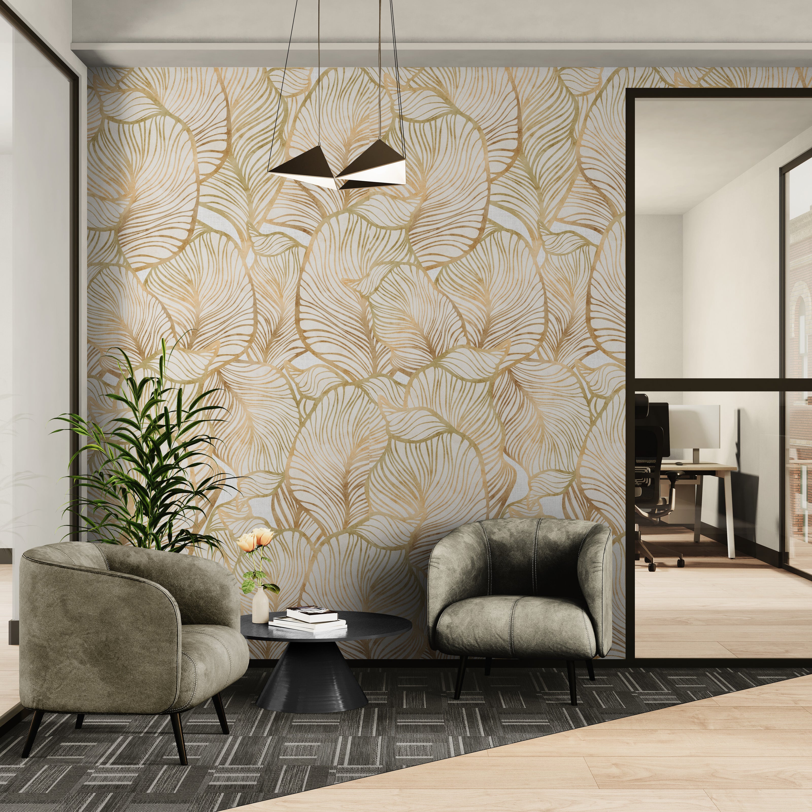 GE5110 Large Tropical herbage Endless Murals in Cream and Sand Gold