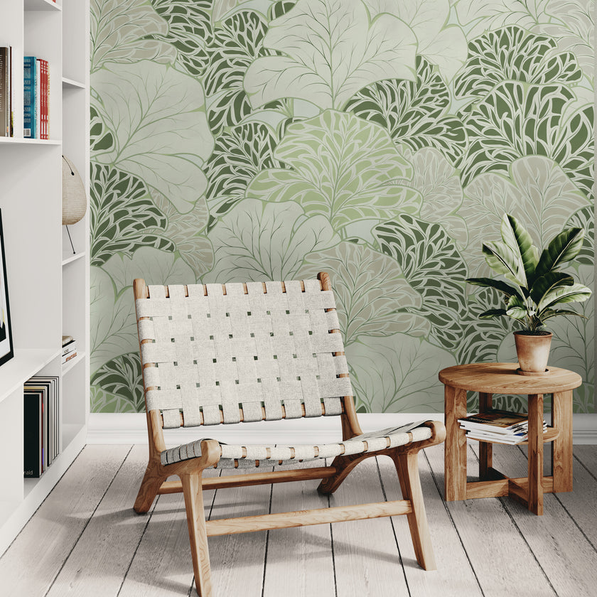 GE5090 Flabellate Foliage Endless Murals in Green Gray