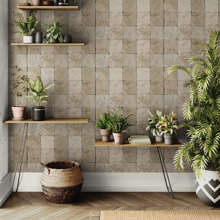 GW7121 Square tumbled Stone Wallpaper Roll 19 inch Wide x 18 ft. Long in Beige