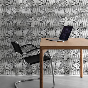 GP3033 Goldfish on Silver Premium Peel and Stick Wallpaper Panel 6 Ft High x 26 Wide in Black Silver