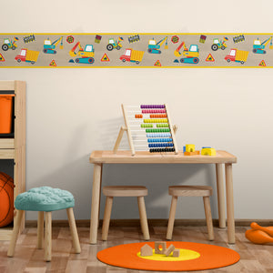 GB90270 Construction Zone Peel & Stick Wallpaper Border 10in Height x 15ft Long, Blue Brown Yellow Red