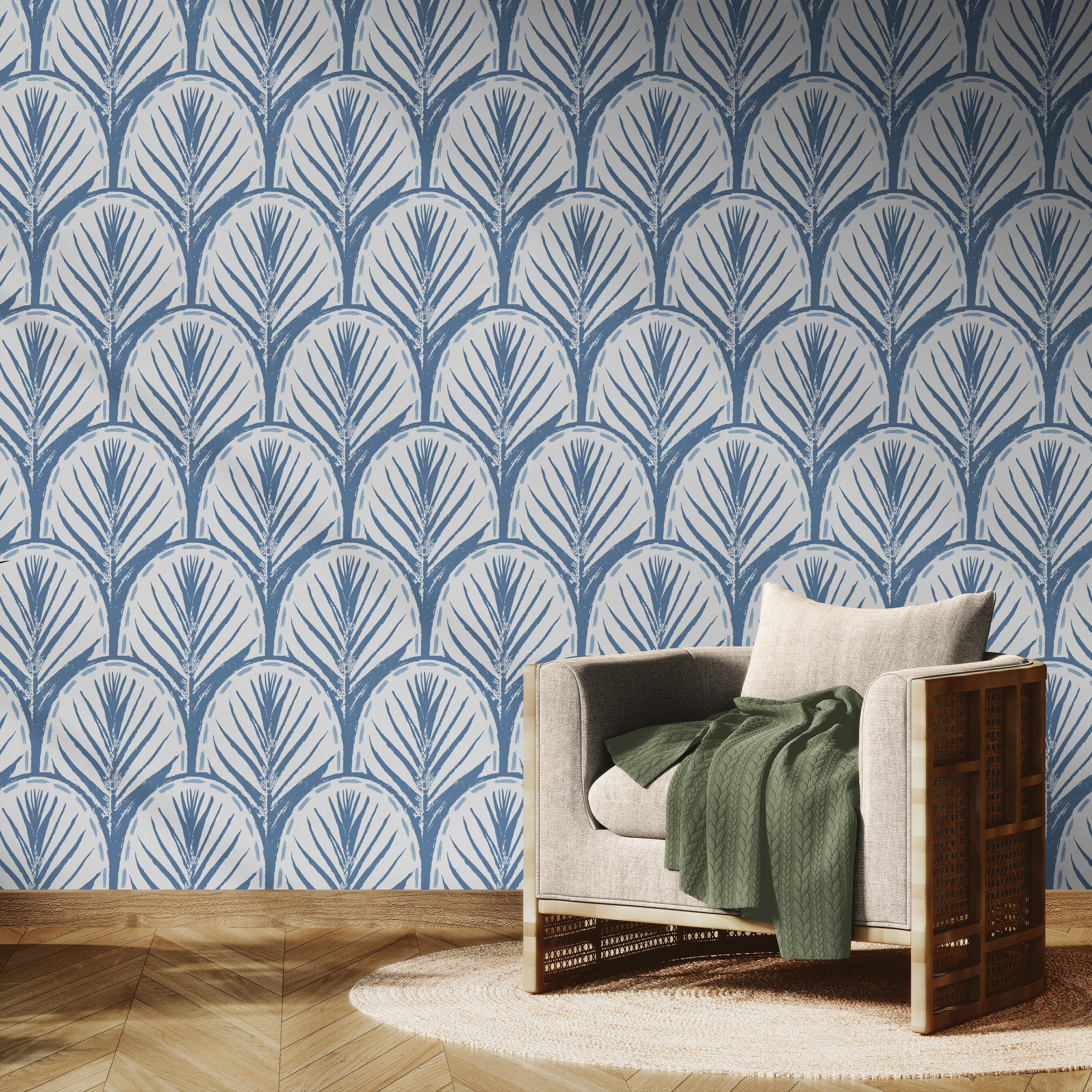 GDP5002 Fallen Feathers Premium Peel and Stick Wallpaper Panel 6 Ft High x 26 Wide in Muted Navy Soft Blue