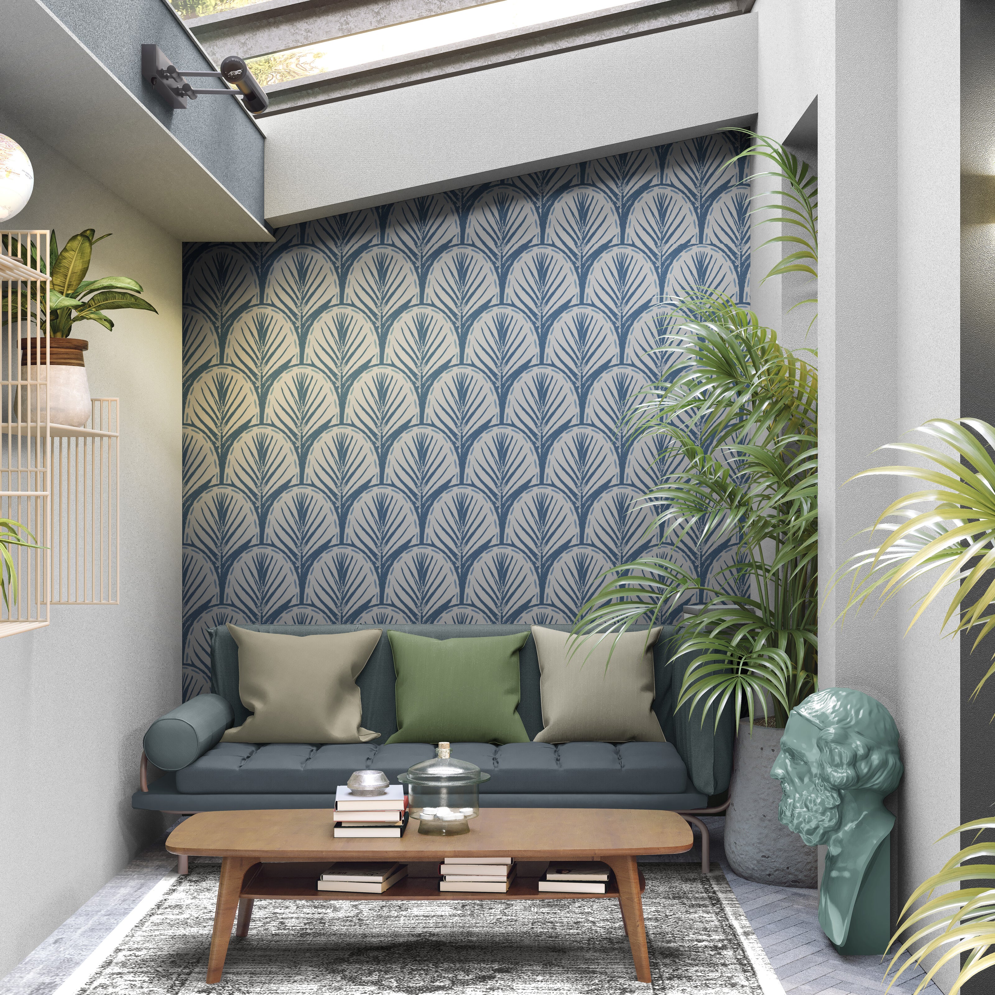 GDP5002 Fallen Feathers Premium Peel and Stick Wallpaper Panel 6 Ft High x 26 Wide in Muted Navy Soft Blue