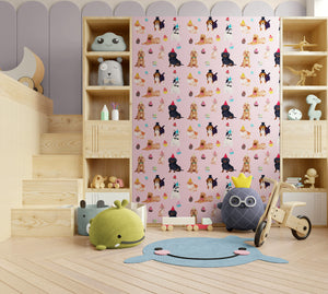 GW9013 Party Dogs and Cupcakes Peel and Stick Wallpaper Roll 19 inch Wide x 18 ft. Long Pink Beige Blue