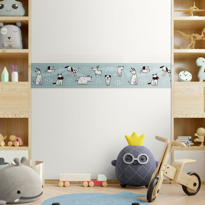 GB90190 Hand Drawn Dogs Peel and Stick Wallpaper Border 10in or 8in Height x 15ft Long, Teal Blue White Black