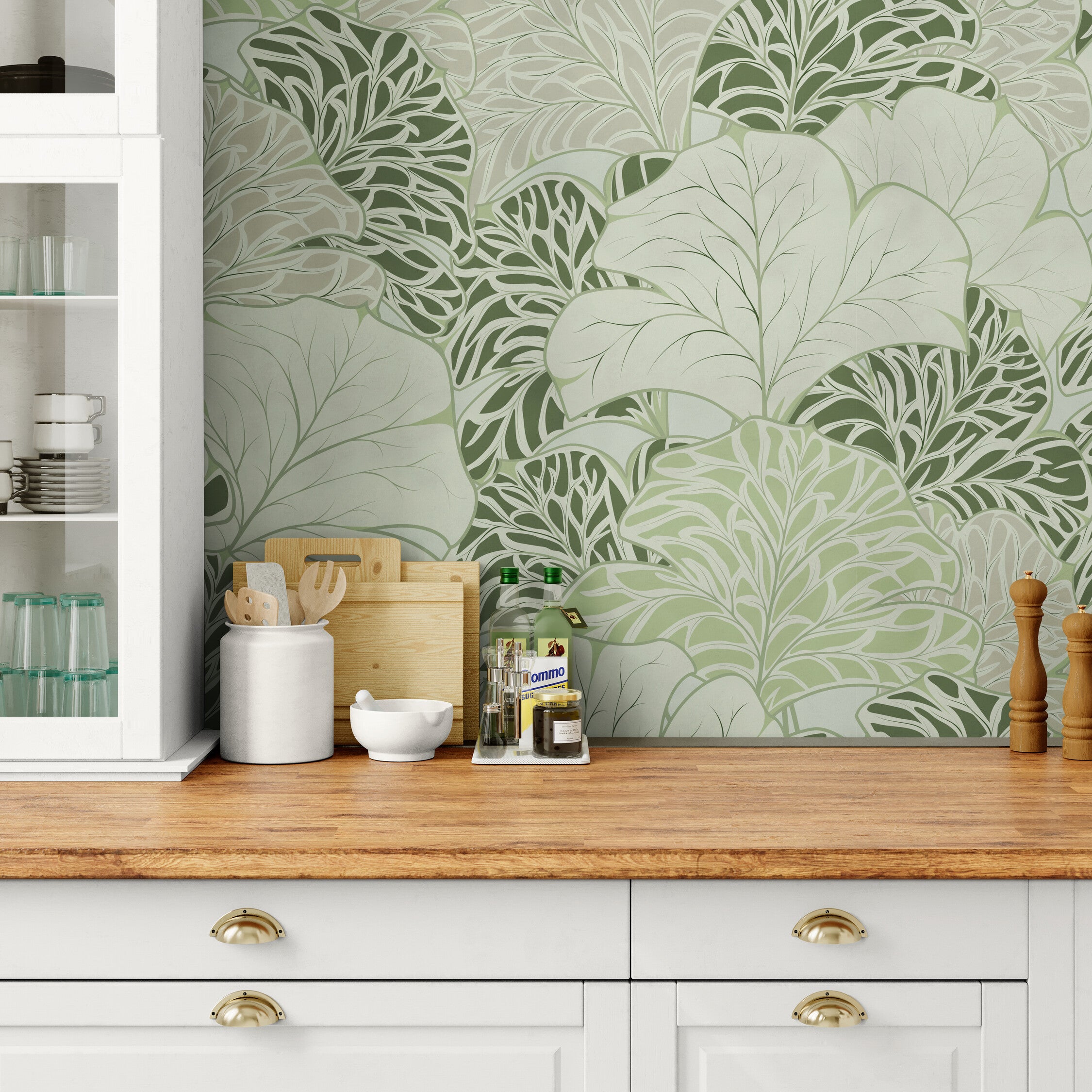 GE5090 Flabellate Foliage Endless Murals in Green Gray