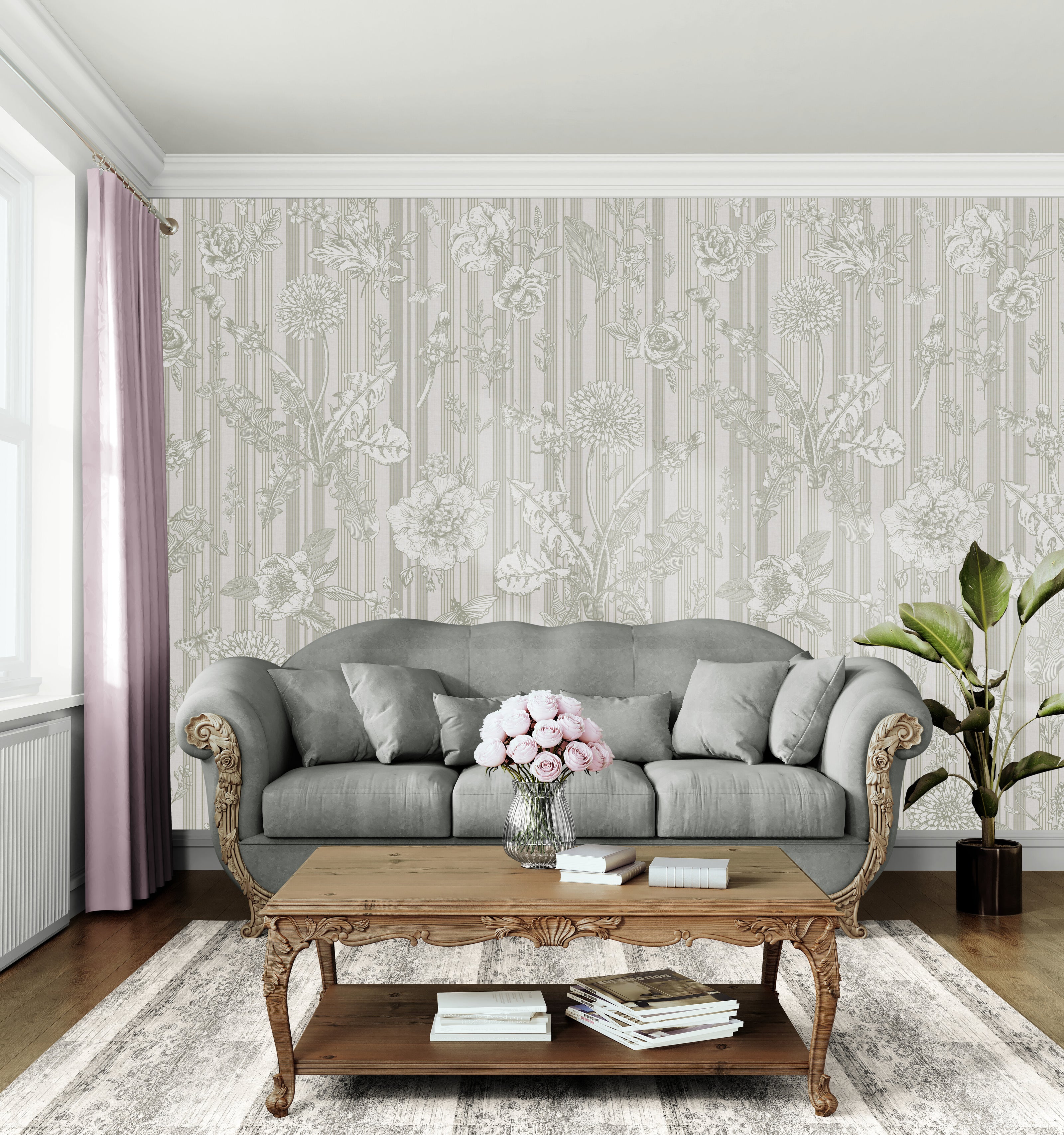 GE5071 Vintage Stripe Botanical Endless Murals Gray Off White