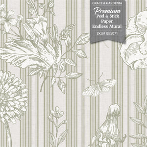 GE5073 Vintage Stripe Botanical Endless Murals in Dark Olive Green