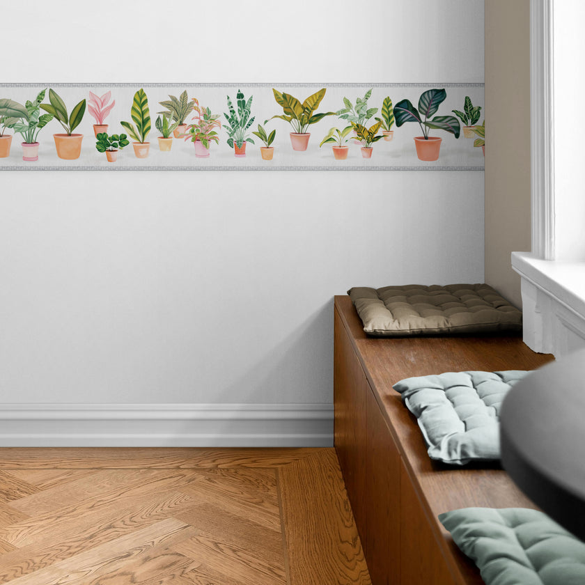 GB5040 Potted Plants Peel and Stick Wallpaper Border 10in or 8in Height x 15ft Long Light Dark Gray