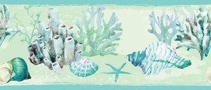GB10011g8 Coral and Seashells Peel and Stick Wallpaper Border 8in Height x 15ft Long Blue Green