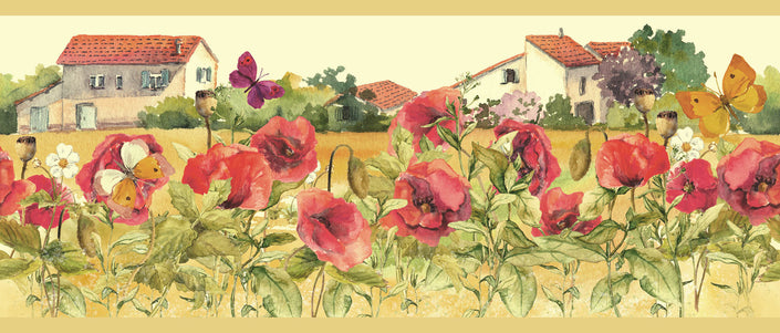 GB50061 Countryside Watercolor Flowers Peel and Stick Wallpaper Border 10in Height x 15ft Tan Red Green