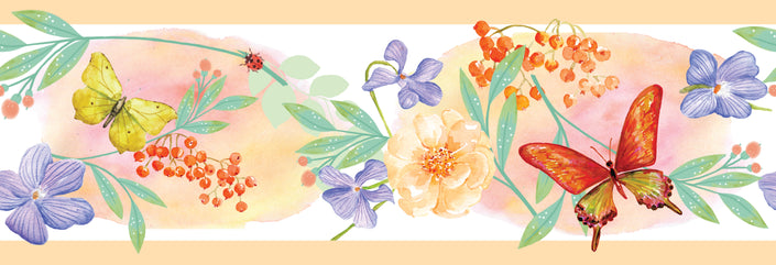 GB50081 Floral Butterfly Watercolor Peel and Stick Wallpaper Border 10in Height x 15ft Peach Green Orange