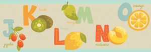 GB90111g8  Fruit Alphabet Peel and Stick Wallpaper Border 8in Height x 15ft Long, Cream Blue Orange Yellow Green