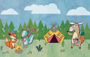 GB90140 Camping Animals Peel and Stick Wallpaper Border 10in Height x 15ft Long, Blue Green Yellow Brown