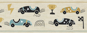 GB90180g8 Race Cars Peel and Stick Wallpaper Border 8in Height x 15ft Long, Tan Blue Black White