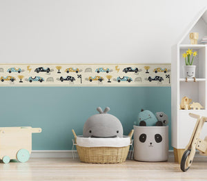 GB90180 Race Cars Peel and Stick Wallpaper Border 10in or 8in Height x 15ft Long, Tan Blue Black White