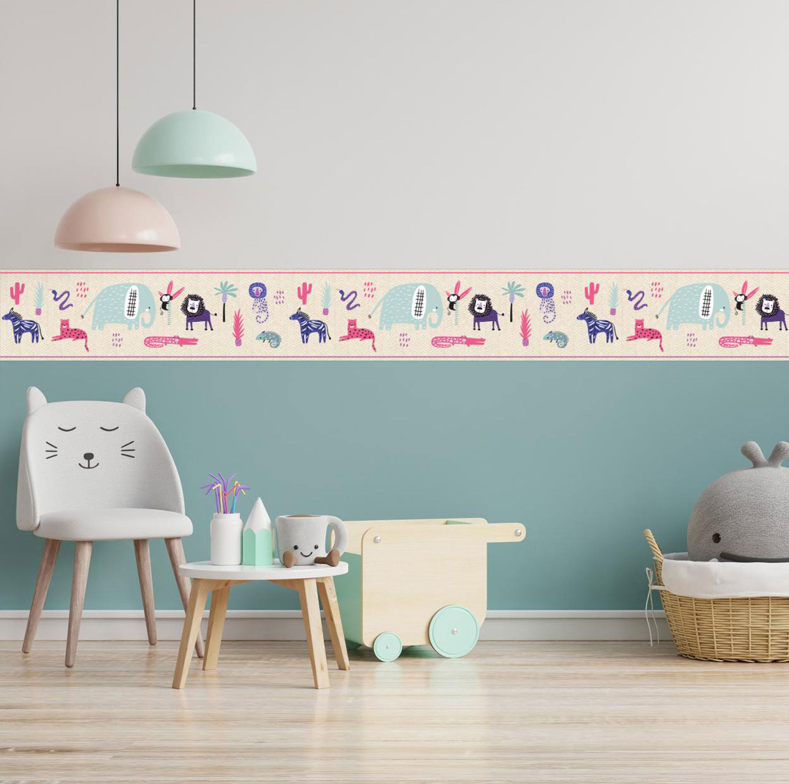 GB90200 Safari Animals Peel and Stick Wallpaper Border 10in or 8in Height x 15ft Long, Pink Purple Beige
