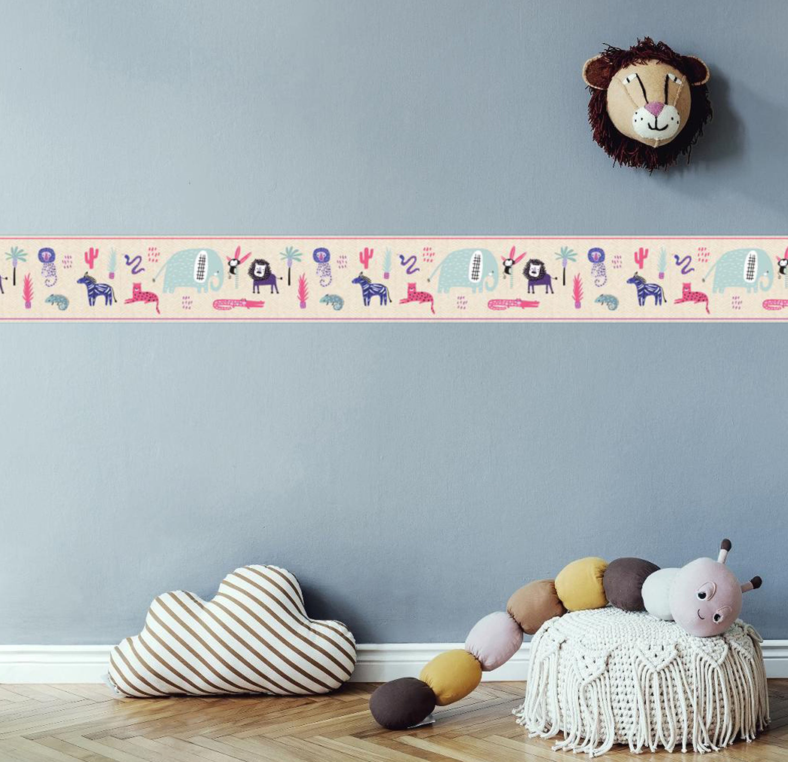 GB90200 Safari Animals Peel and Stick Wallpaper Border 10in or 8in Height x 15ft Long, Pink Purple Beige