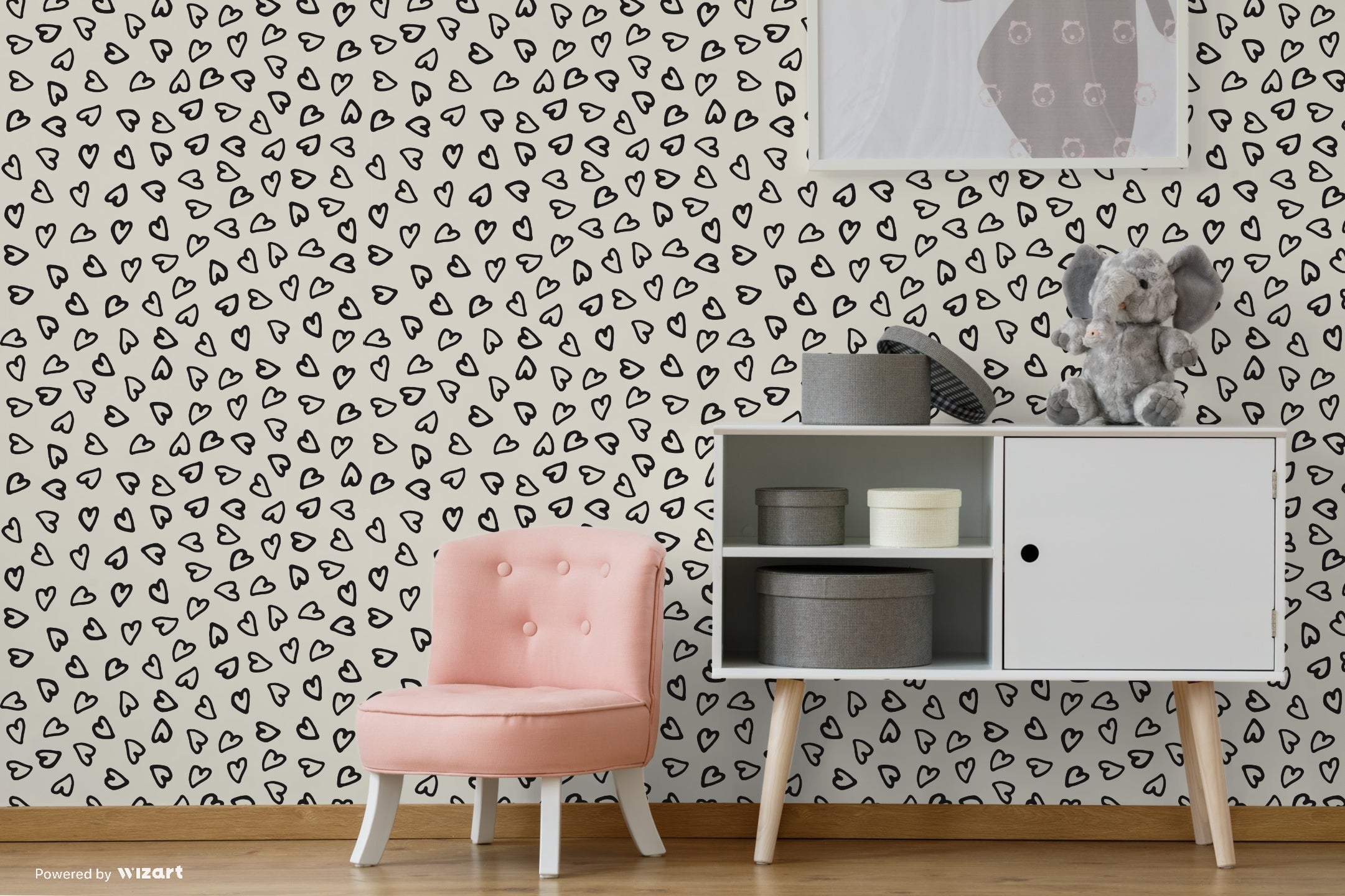 GP1006 Hand Painted Hearts Premium Peel and Stick Wallpaper Panel 6 Ft High x 26 Wide Black on Beige