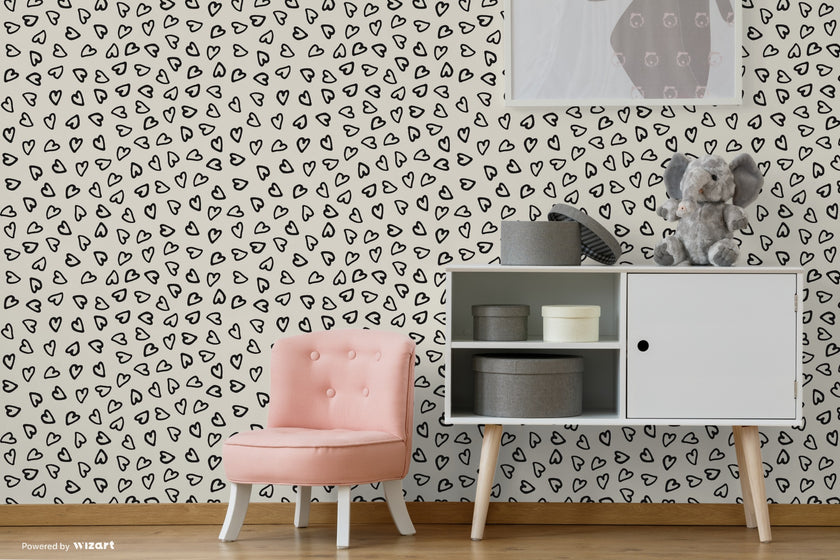 GP1006 Hand Painted Hearts Premium Peel and Stick Wallpaper Panel 6 Ft High x 26 Wide Black on Beige