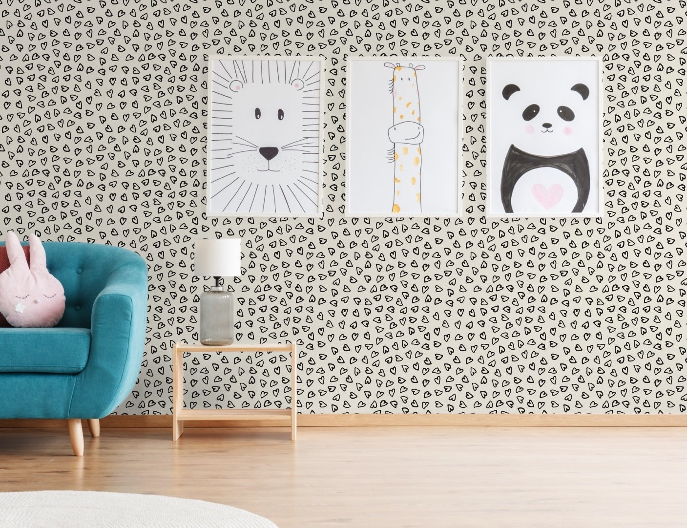 GP1006 Hand Painted Hearts Premium Peel and Stick Wallpaper Panel 6 Ft High x 26 Wide Black on Beige