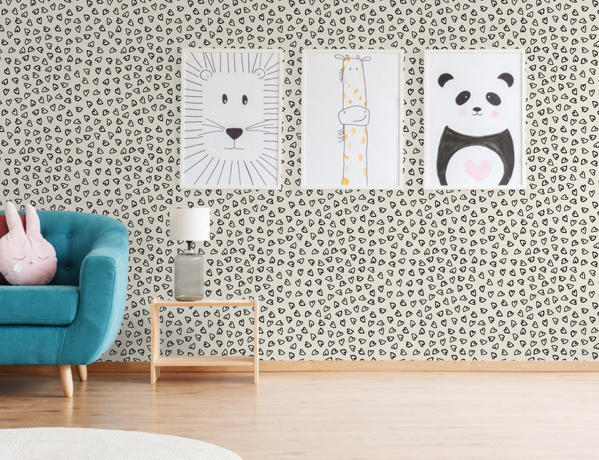 GP1006 Hand Painted Hearts Premium Peel and Stick Wallpaper Panel 6 Ft High x 26 Wide Black on Beige