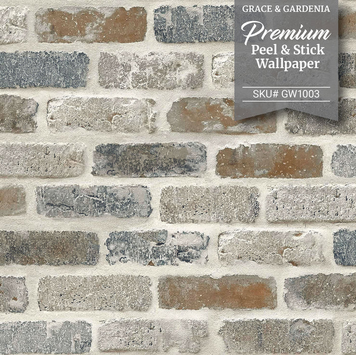 GW1003 Washed Faux Brick Peel and Stick Wallpaper Roll 19 inch  x 18 ft. Long Off White Gray Brown