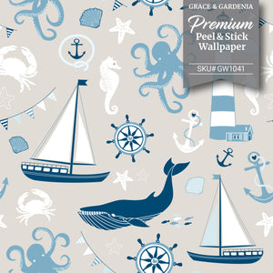 GW1041 By the Sea Peel and Stick Wallpaper Roll 19 inch Wide x 18 ft. Long Light Blue Navy White Cream