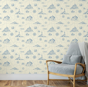 GW1051 Nautical Map Peel and Stick Wallpaper Roll 19 inch Wide x 18 ft. Long, Slate Blue Light Beige