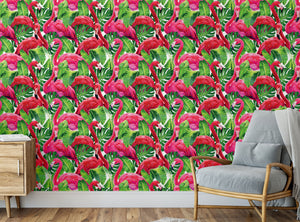GW12011 Tropical Flamingo Peel and Stick Wallpaper Roll 19 inch  x 18 ft. Long Pink Green