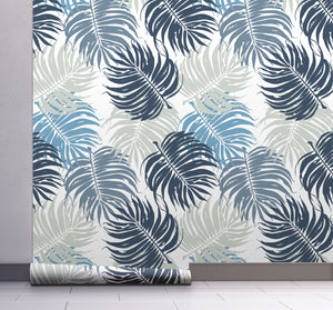GW12051 Blue and Gray Leaves Peel and Stick Wallpaper Roll 19 inch Wide x 18 ft. Long Blue Gray