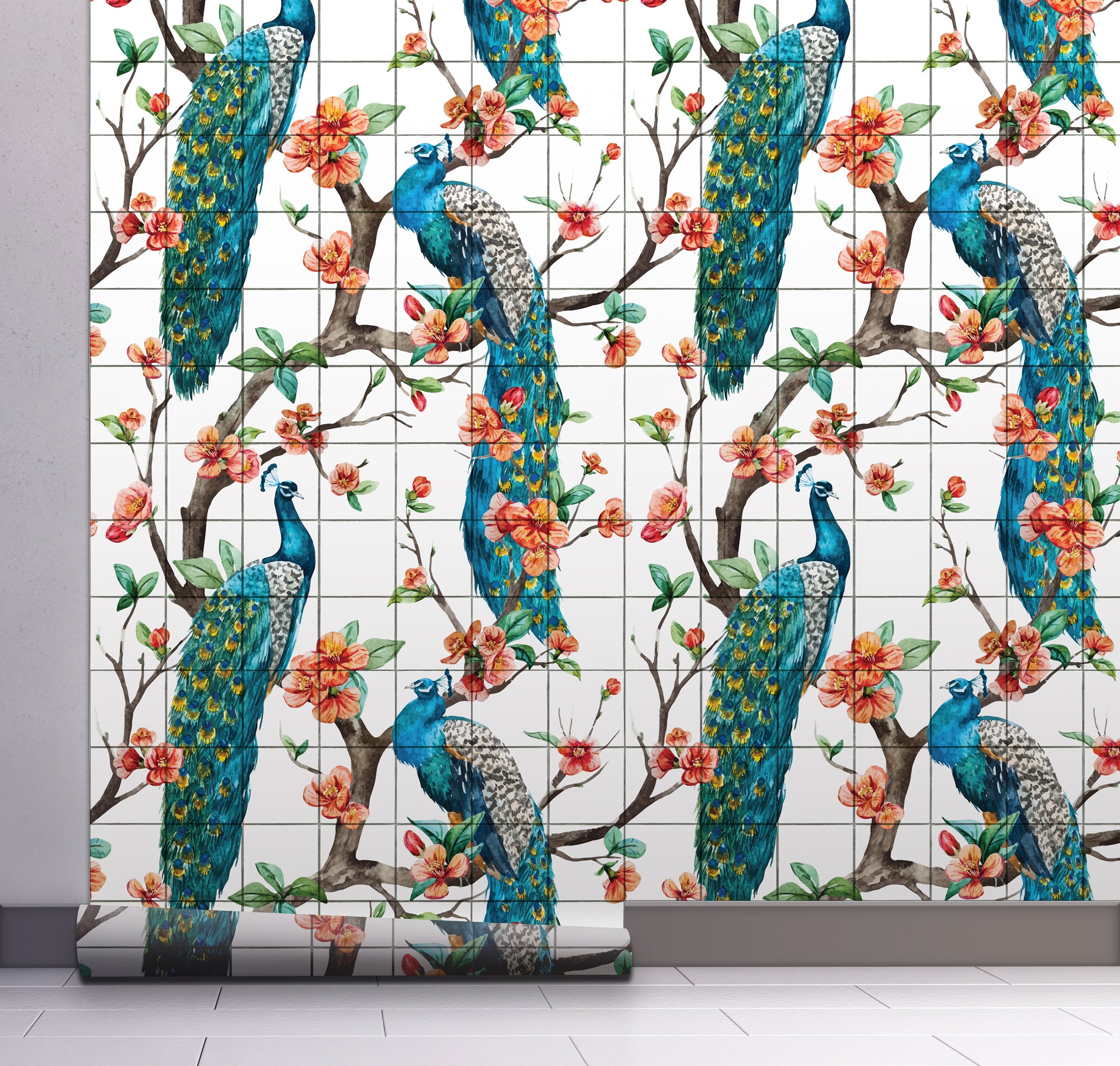 GW2165 Peacock with Grid Peel and Stick Wallpaper Roll 19 inch Wide x 18 ft. Long, Blue White Orange