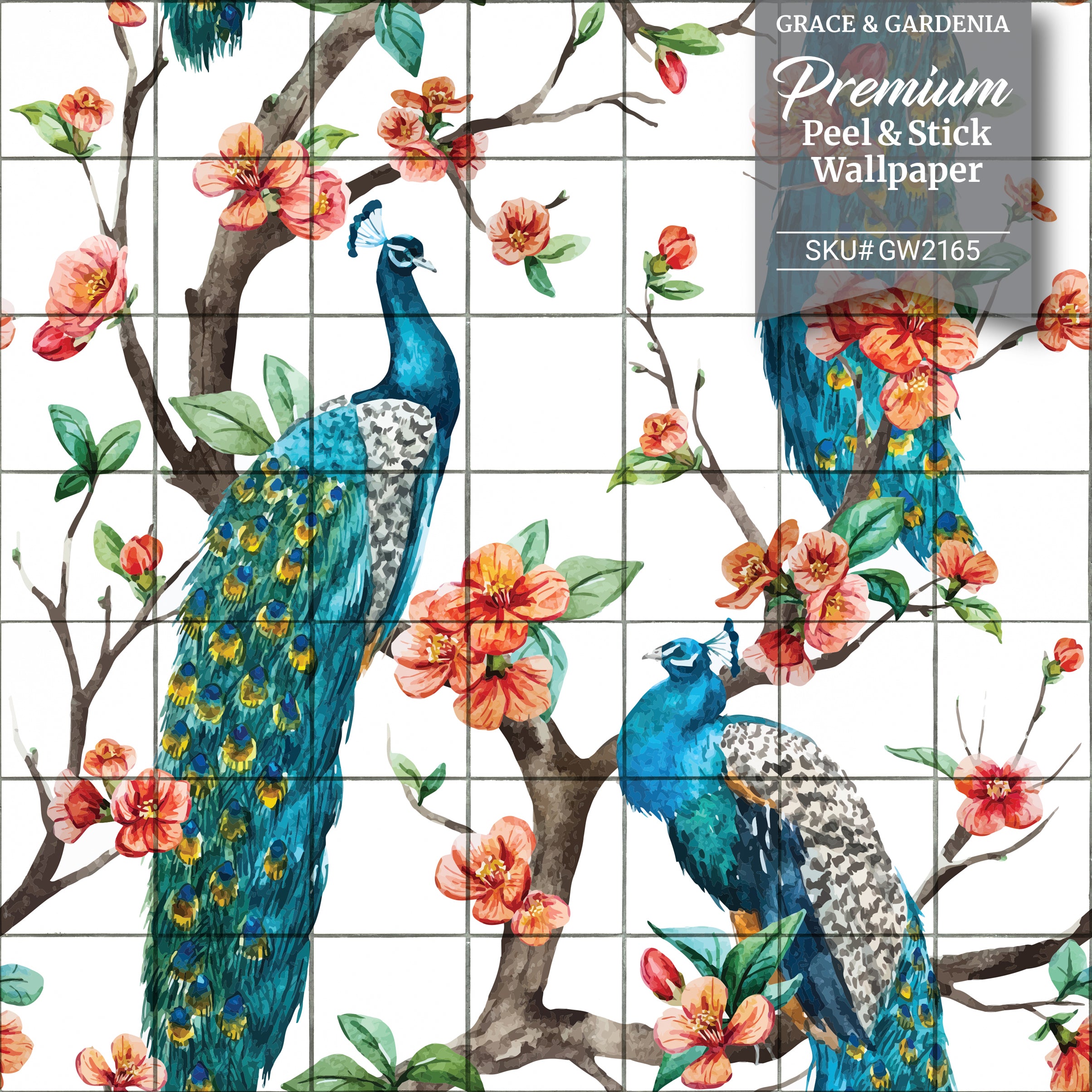 GW2165 Peacock with Grid Peel and Stick Wallpaper Roll 19 inch Wide x 18 ft. Long, Blue White Orange
